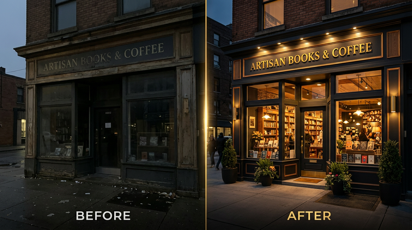 Before and after transformation of a local storefront photo