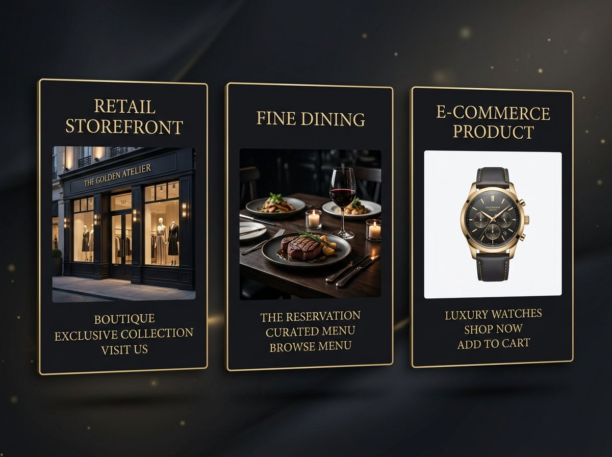 Three example galleries: retail, restaurant, e-commerce